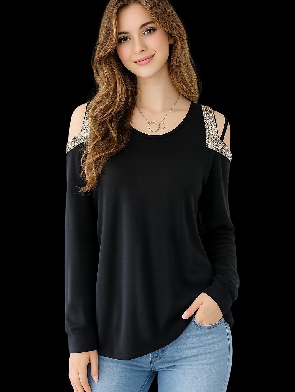 Boston Proper Black Cold-Shoulder Long Sleeve Top with Embellished Straps